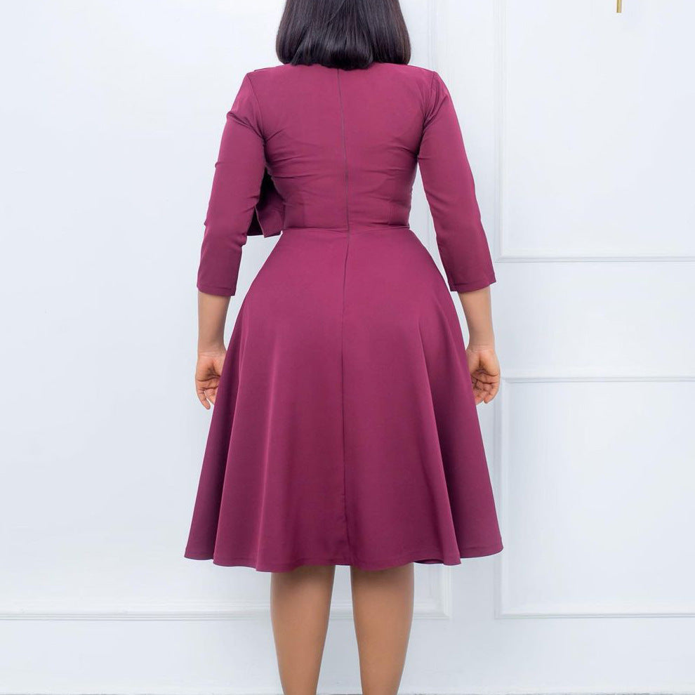 Women Fall/Winter Round Neck Solid Ruffles Long Sleeve Dress 7