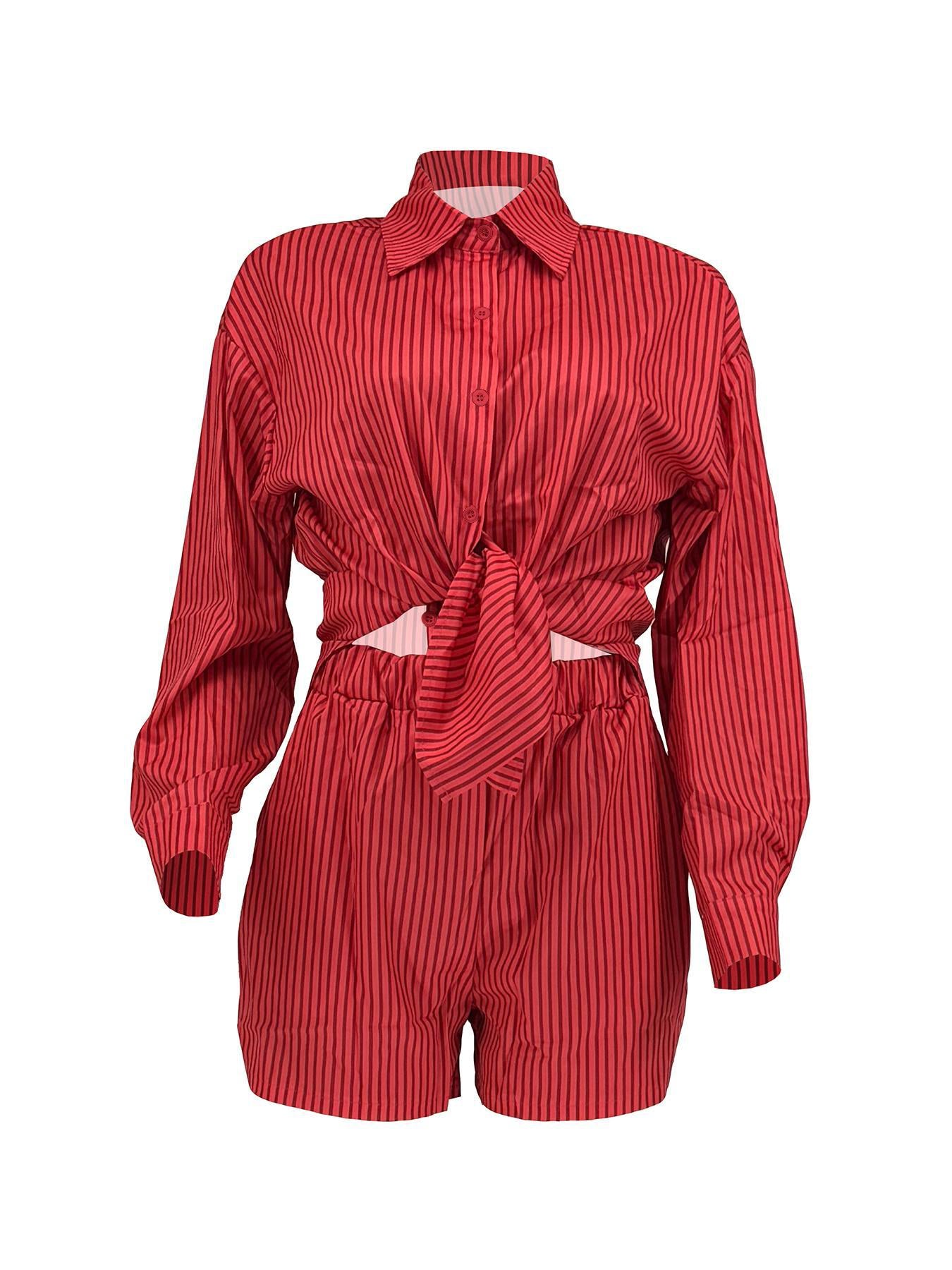 Women Spring Summer Holidays Long Sleeve Shirt Striped Shorts Two Piece Set 4