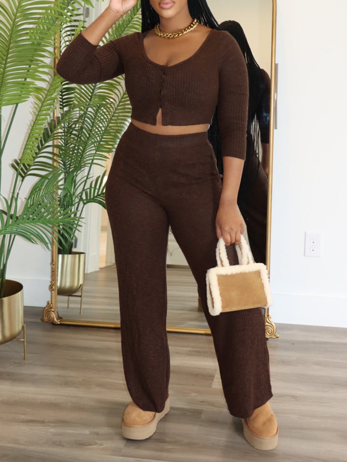 Women Soild long-sleeved Top and trousers Two Piece Set 5