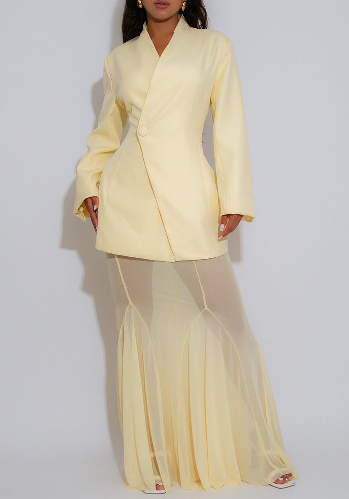 Women elegant autumn solid blazer and mesh two-piece skirt