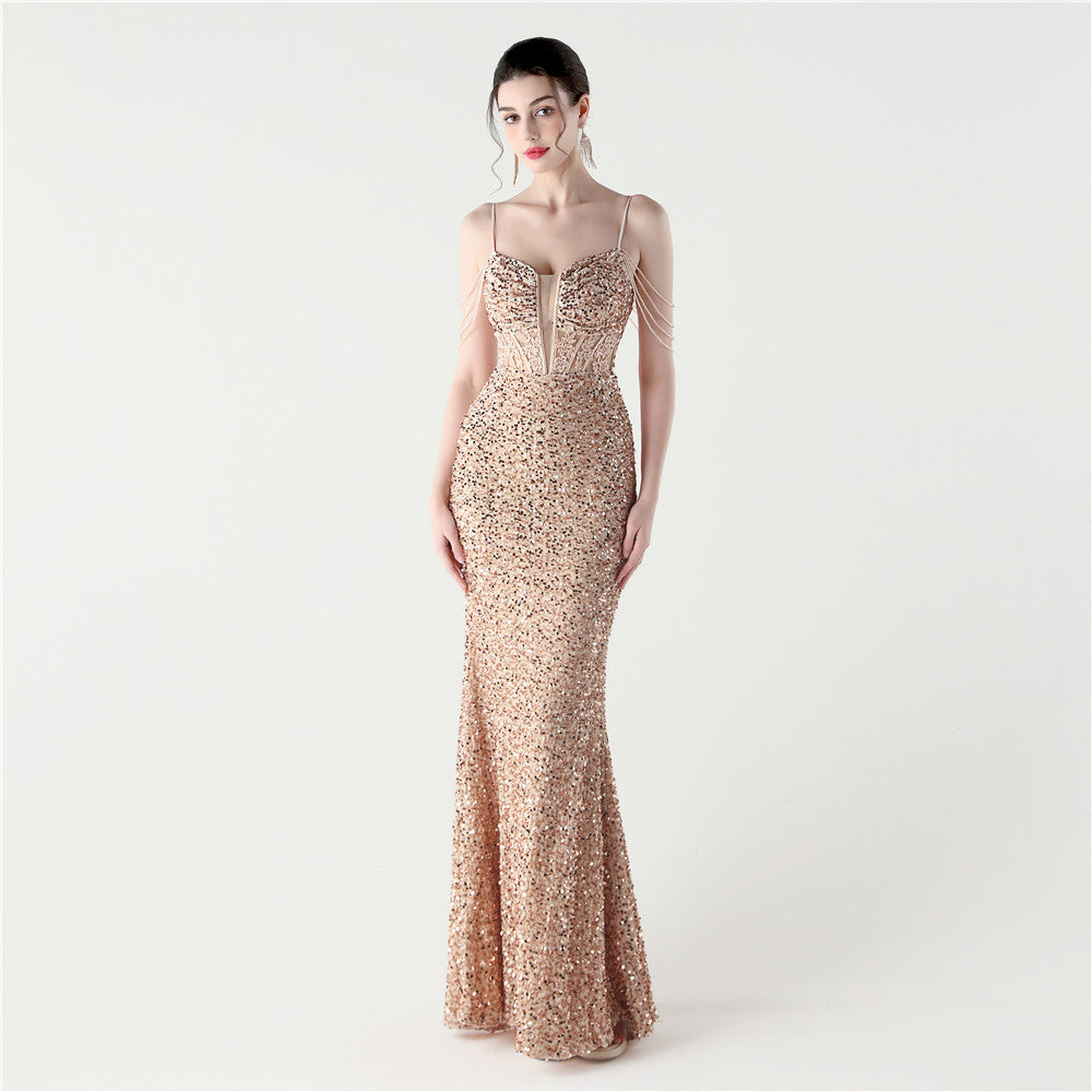 Women Fishbone Beaded Beaded Applique Dinner Evening Dress 6