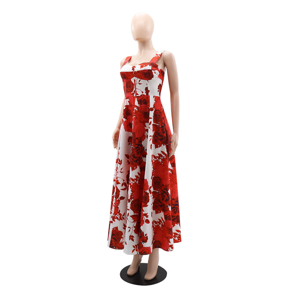 Strap Red Rose Printed Long Dress Chic Elegant Women's Dress 10