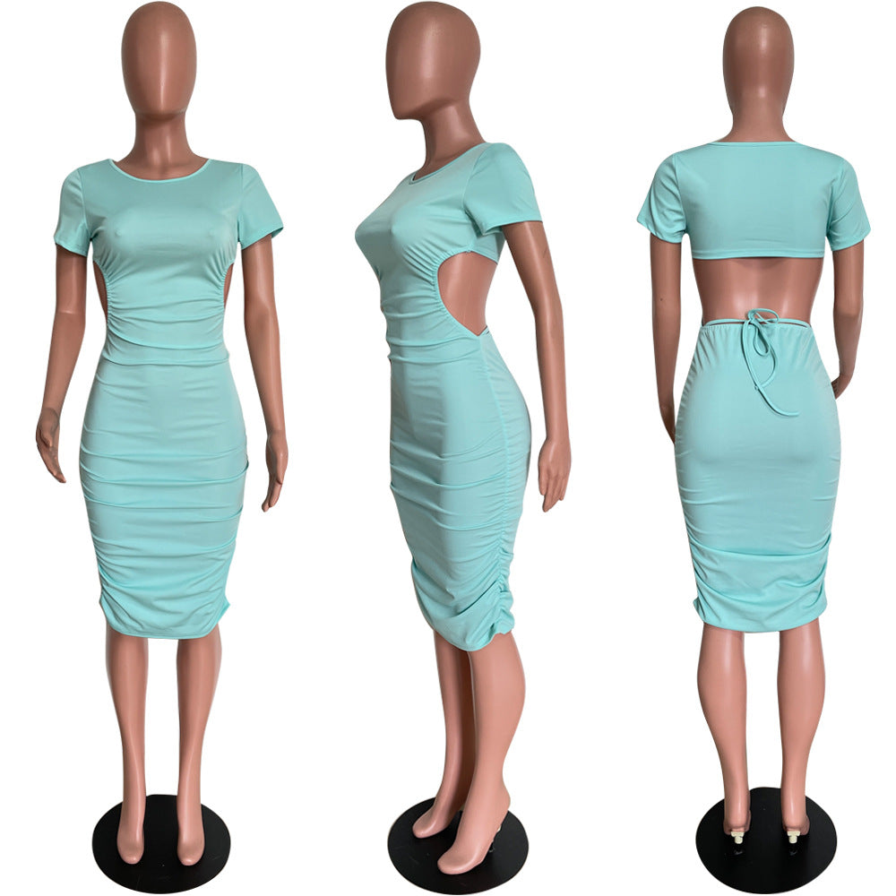 Spring Summer fashionable solid color round neck back hollow midi dress 7