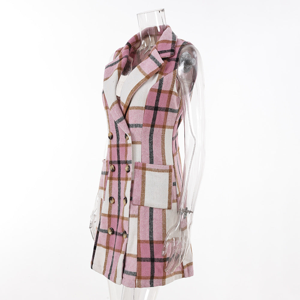 Women's Fashion Plaid Long Vest Turndown Collar Sleeveless Blazer 26
