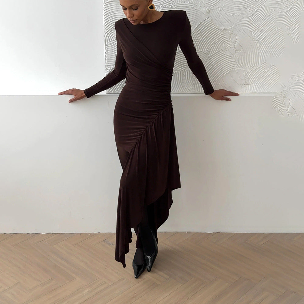 Elegant Round Neck Long Sleeve Pleated Ribbon Bodycon Dress 4