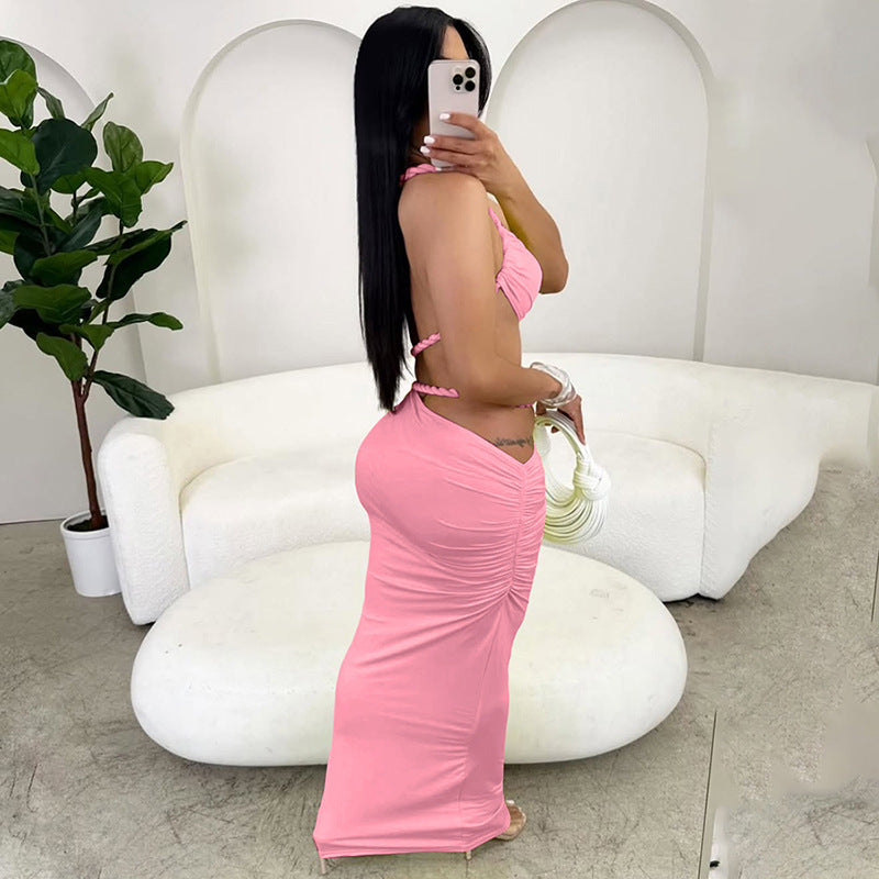 Women Summer Sexy Slash Shoulder Solid Knot Backless Bodycon Dress 4