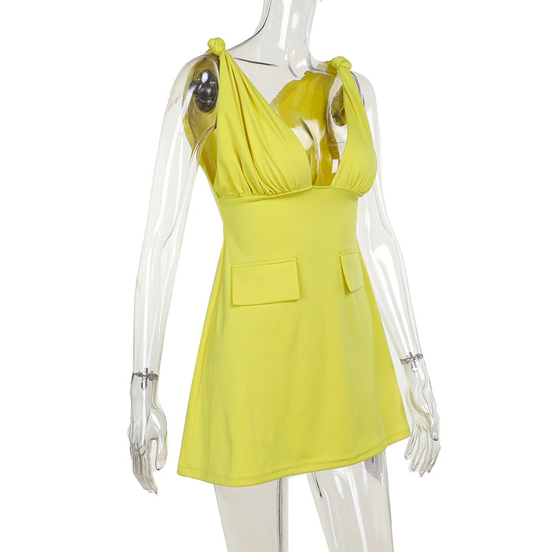 Sexy V-Neck Fake Pocket Summer Slim Waist A-Line Dress 8