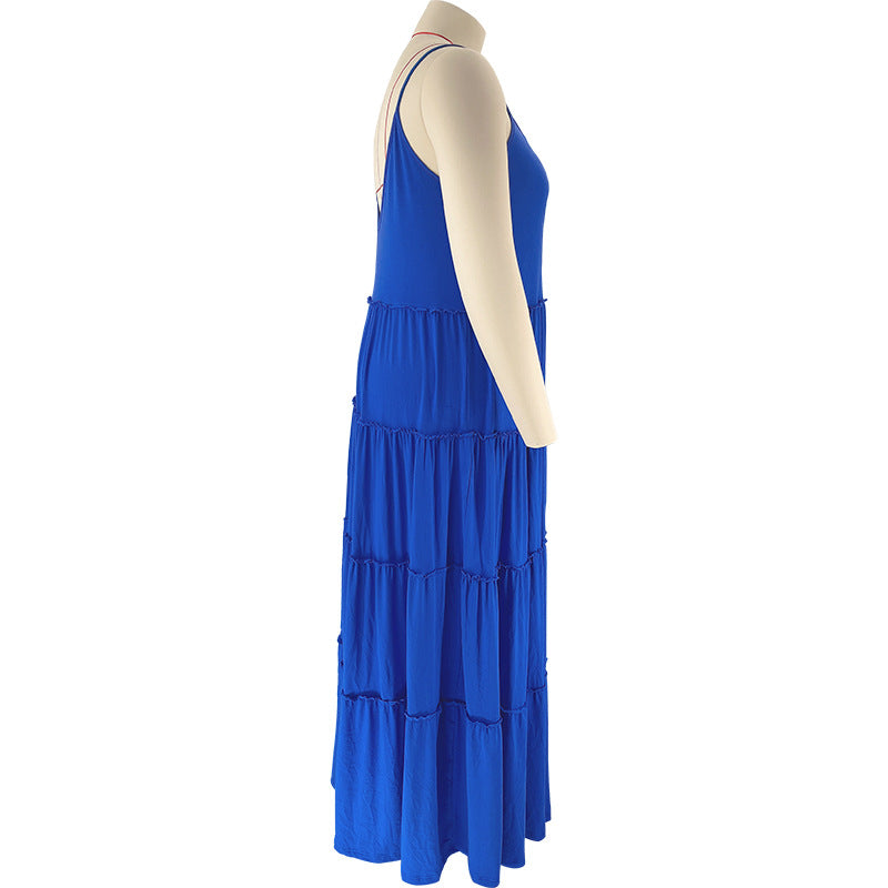 Summer Plus Size Women's Solid Color Sexy Camisole Pleated Patchwork Fashion Casual Dress 21