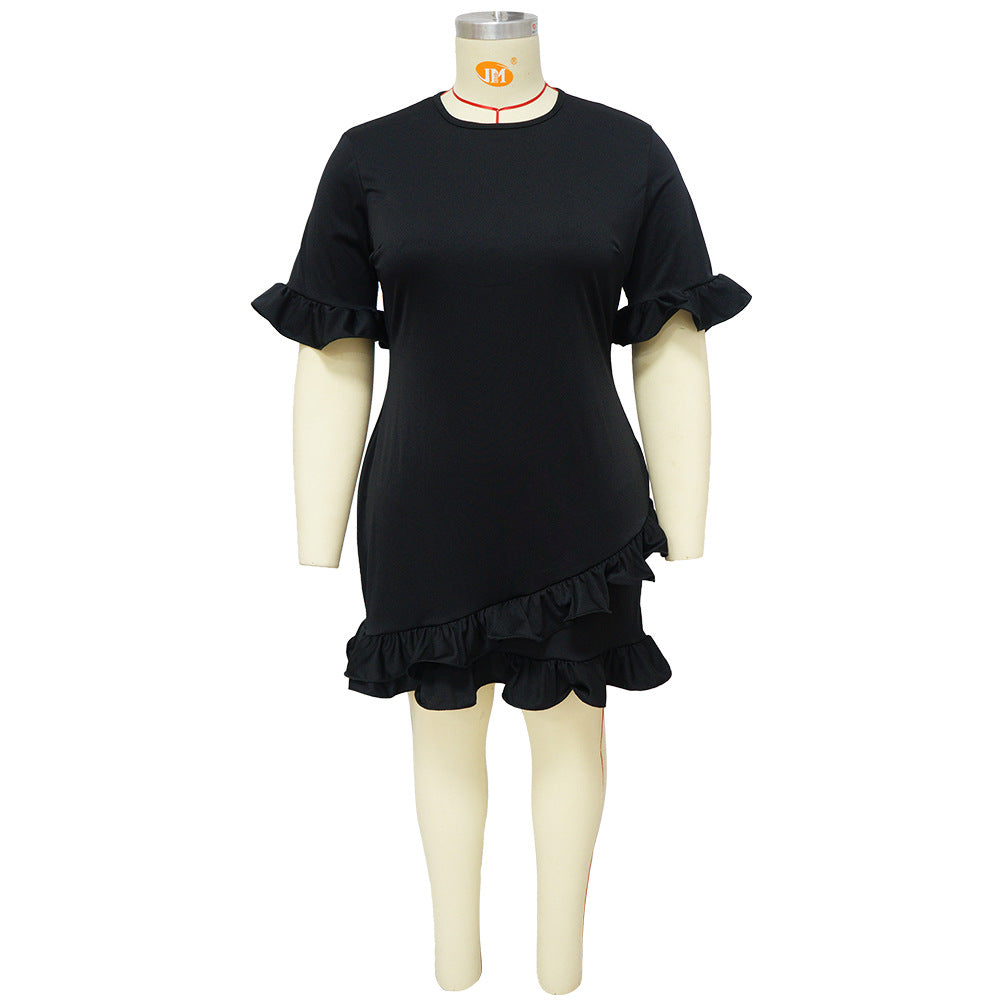 Plus Size Women's Fashion Fit Round Neck Solid Ruffle Casual Dress 15