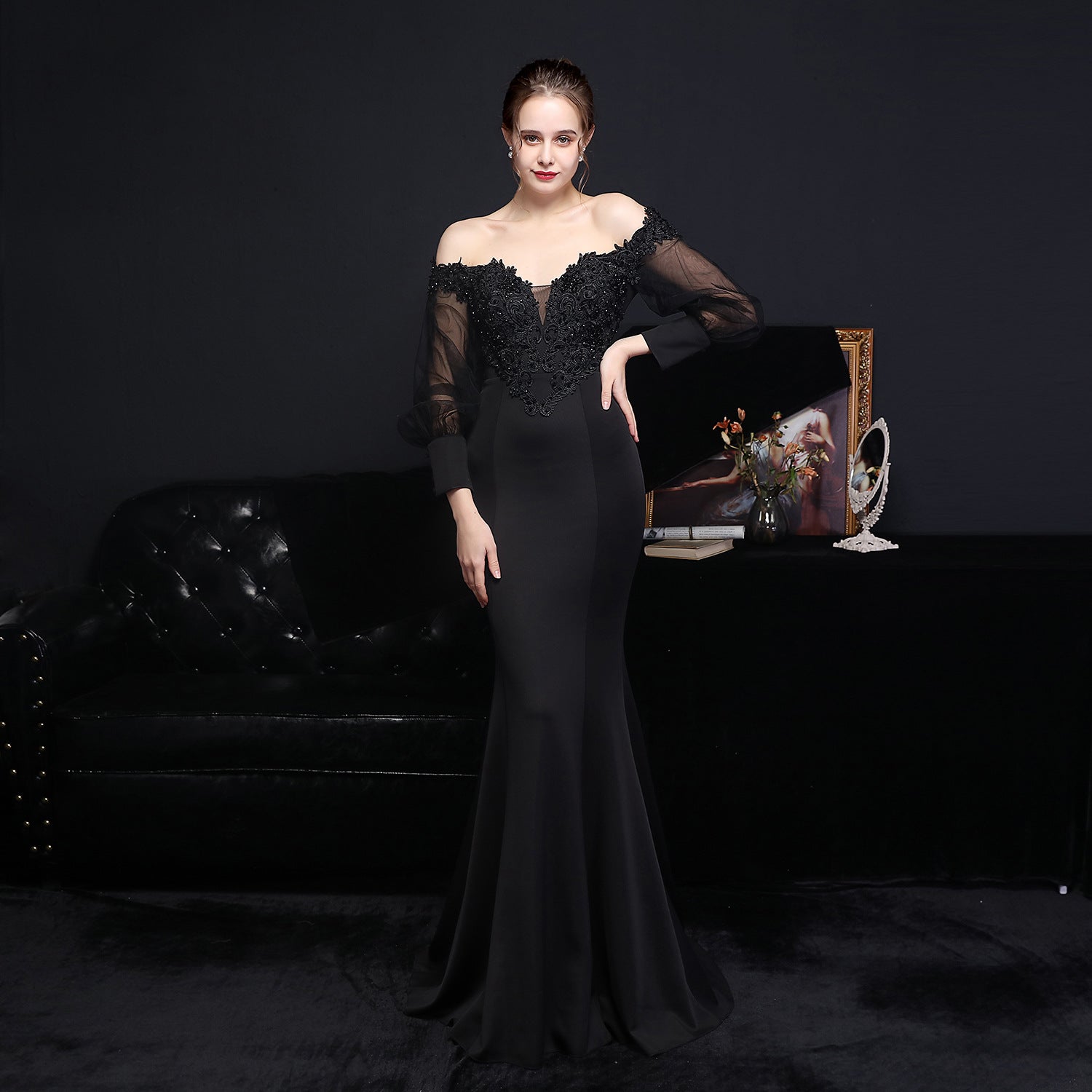Women Elegant Lace Off Shoulder Mesh Long Sleeve Trail Evening Dress 10