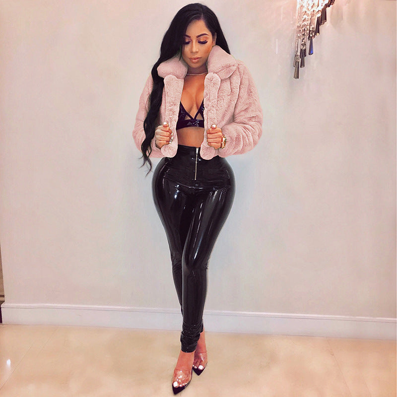 Women Sexy Solid Candy Color Faux furryCrop Jacket 3