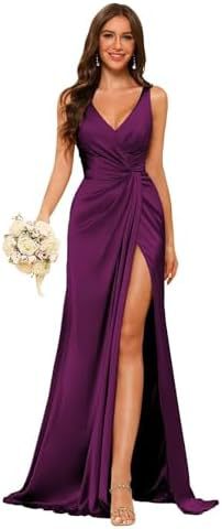 Women's Strap V-Neck Bridesmaid Dress Sleeveless Satin High Slit Prom Dress（Processing time need 3-6 days） 9