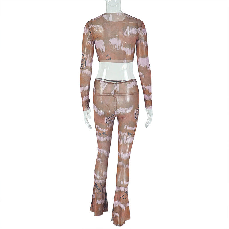 Women's Casual Micro-Transparent Sexy Slim Short Top & Long Pants Two Piece Set 6