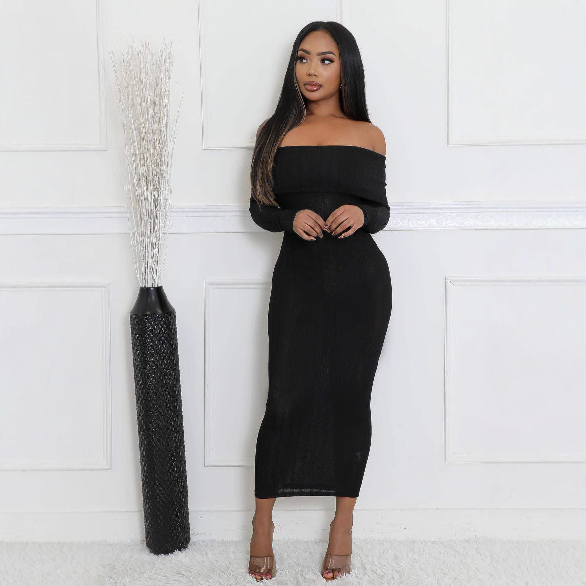 sexy and elegant Fashionable knitting women Slim Fit Off-shoulder long dress 7
