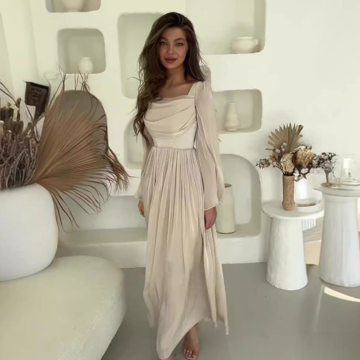 Women French Retro Square Neck Elegant Long Sleeve Pleated Dress 7