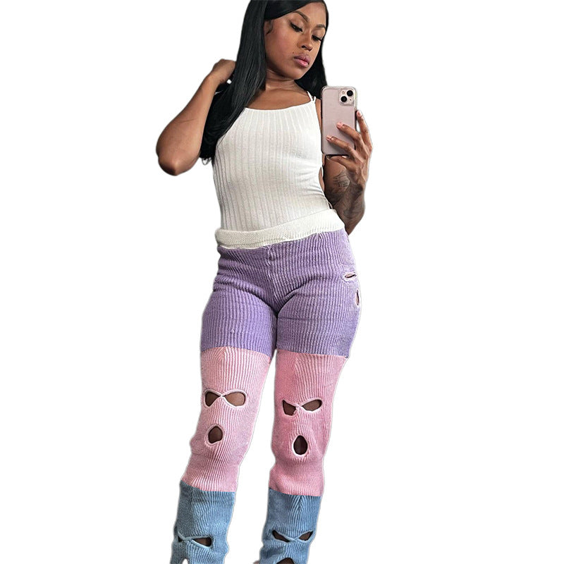 Autumn Casual Women Sexy Hollow Contrast Color Knitting High Waist Straight Pants 9