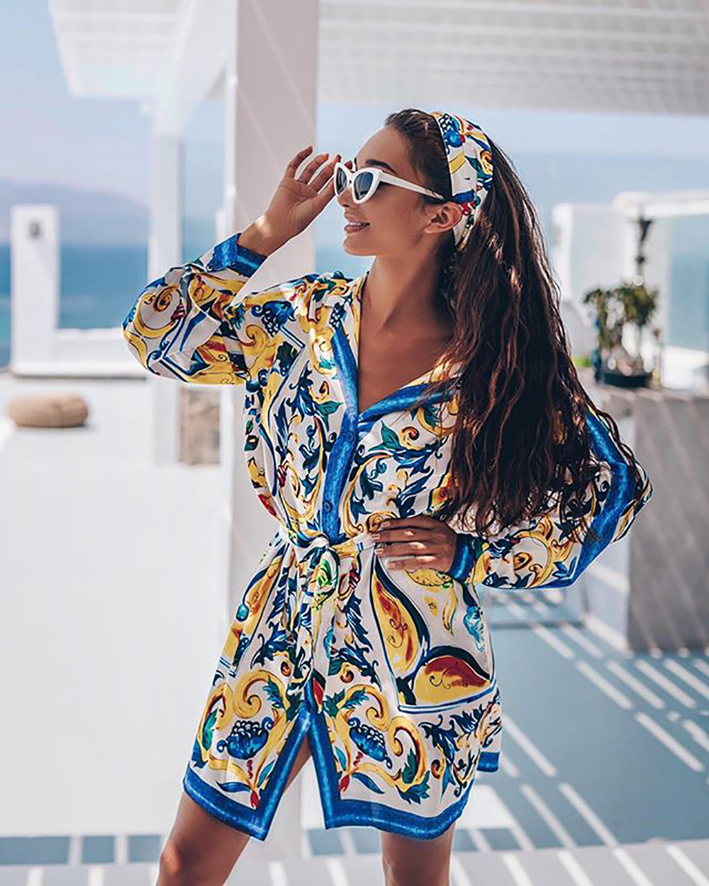 Spring Summer Bohemian Positioning Print Tie Long Sleeve Shirt Dress