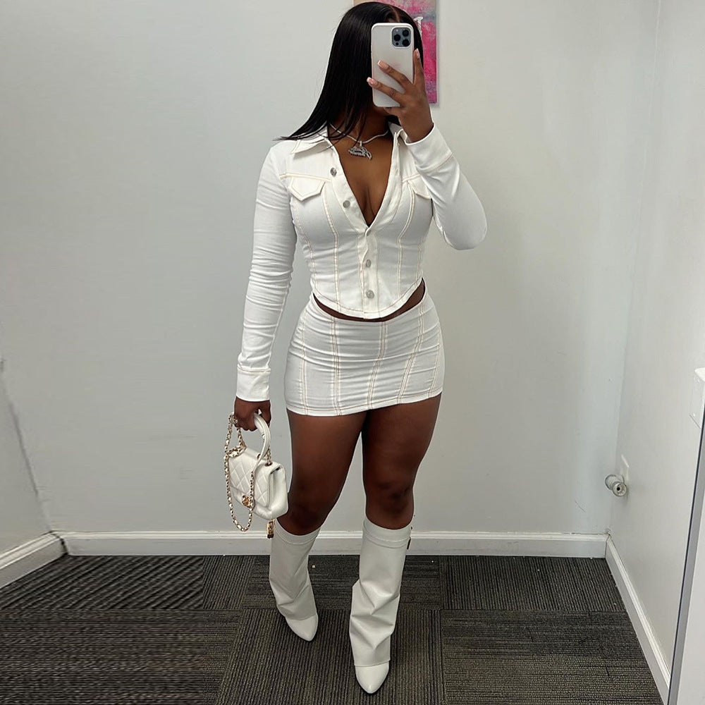 Spring Autumn Solid Color Long Sleeve Two Piece Skirt Set Casual Women's Clothing 5