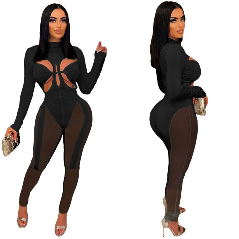 Women Mesh Patchwork Sexy Long Sleeve Jumpsuit 6