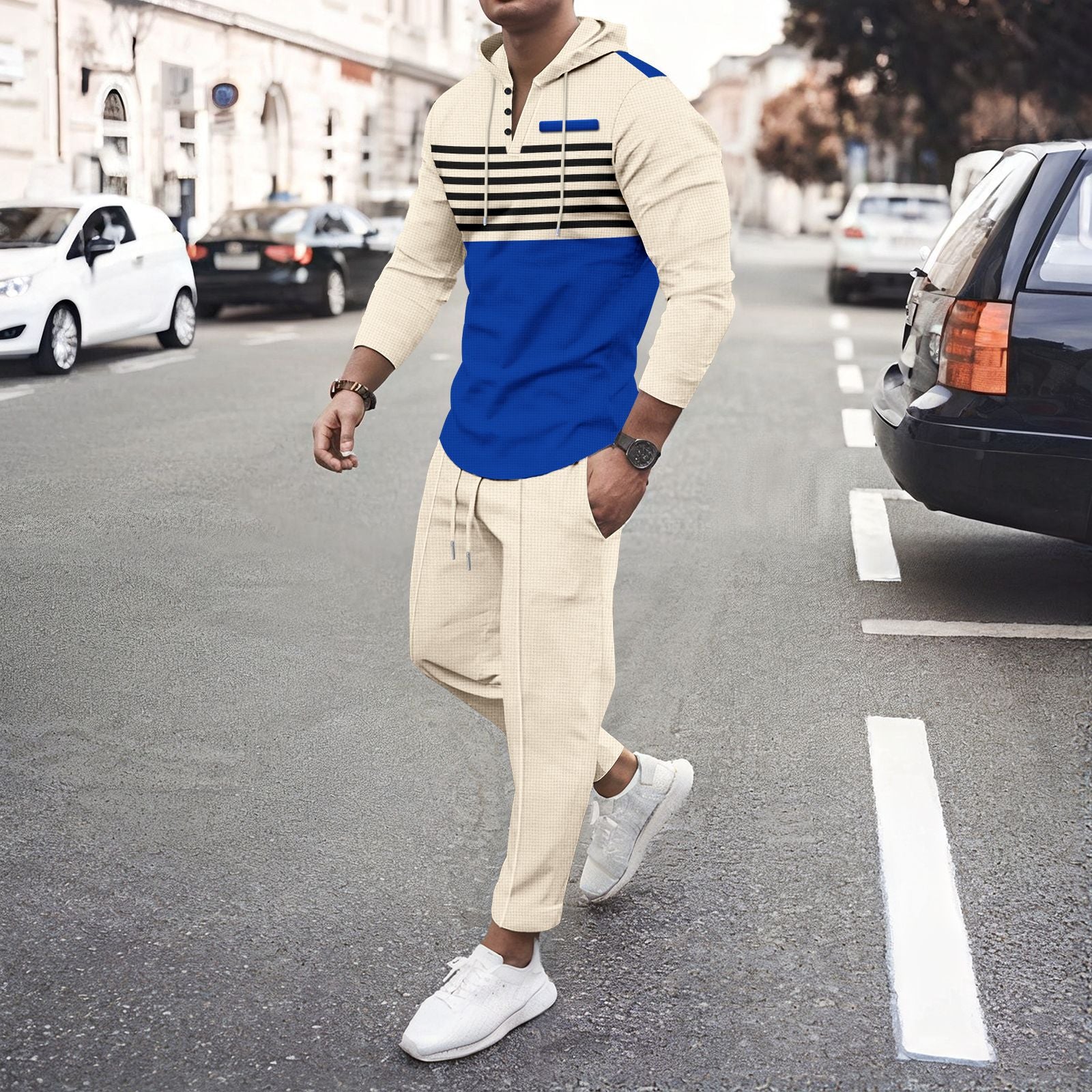 Men's Casual Set Outdoor Hooded Striped Long Sleeve Hoodies Pants Set