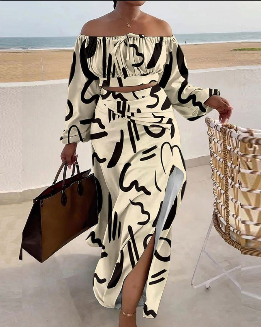 Fall Casual Print Off Shoulder Long Sleeve Slit Holidays Maxi Skirt Two-Piece Set 19