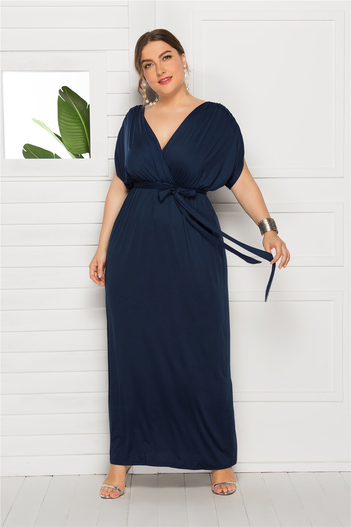 Plus Size Women'S Sexy Solid Color V-Neck Loose Swing Dress 5