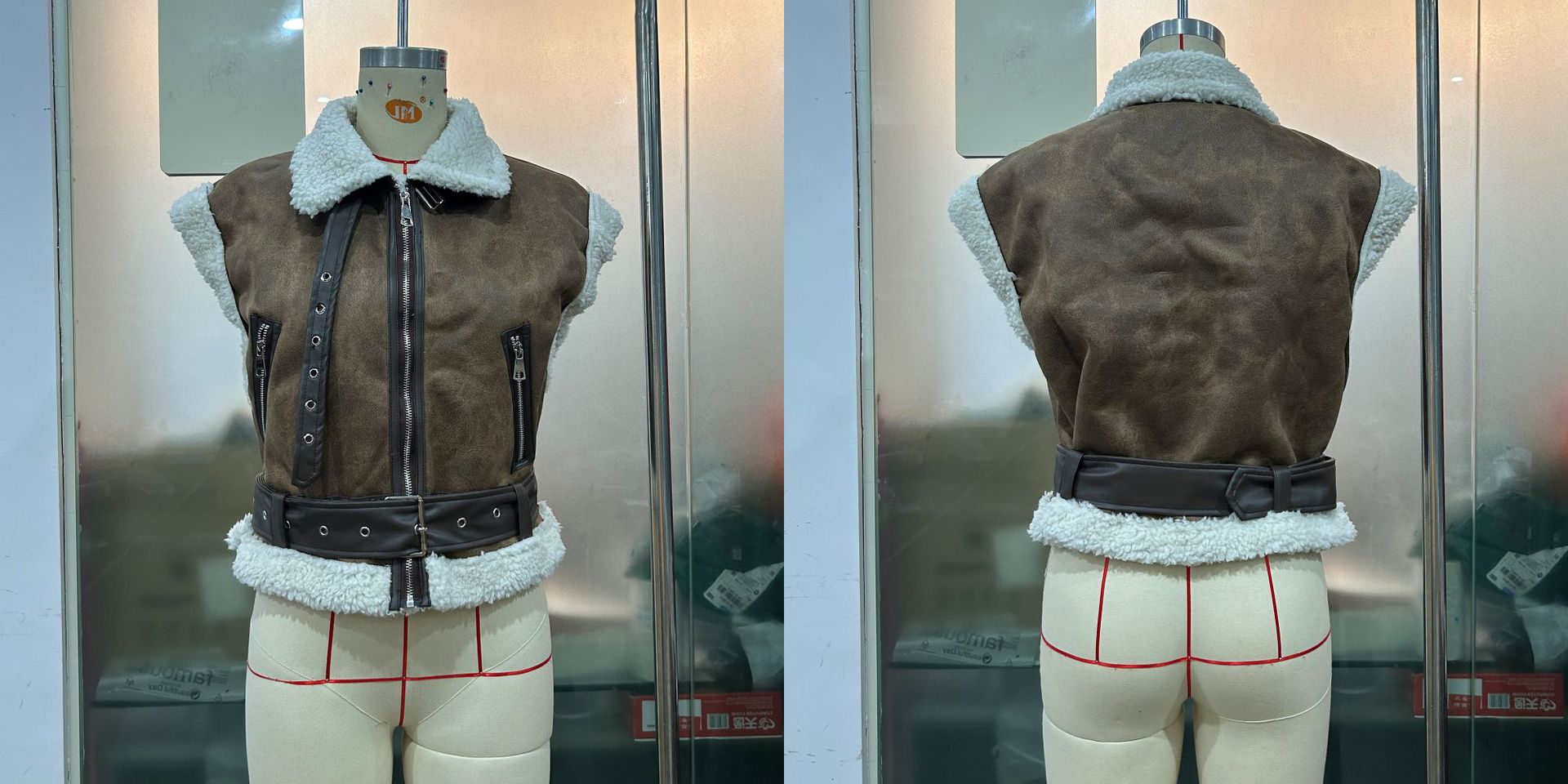 Women Zipper Pu-Leather Furry Patchwork Vest 12