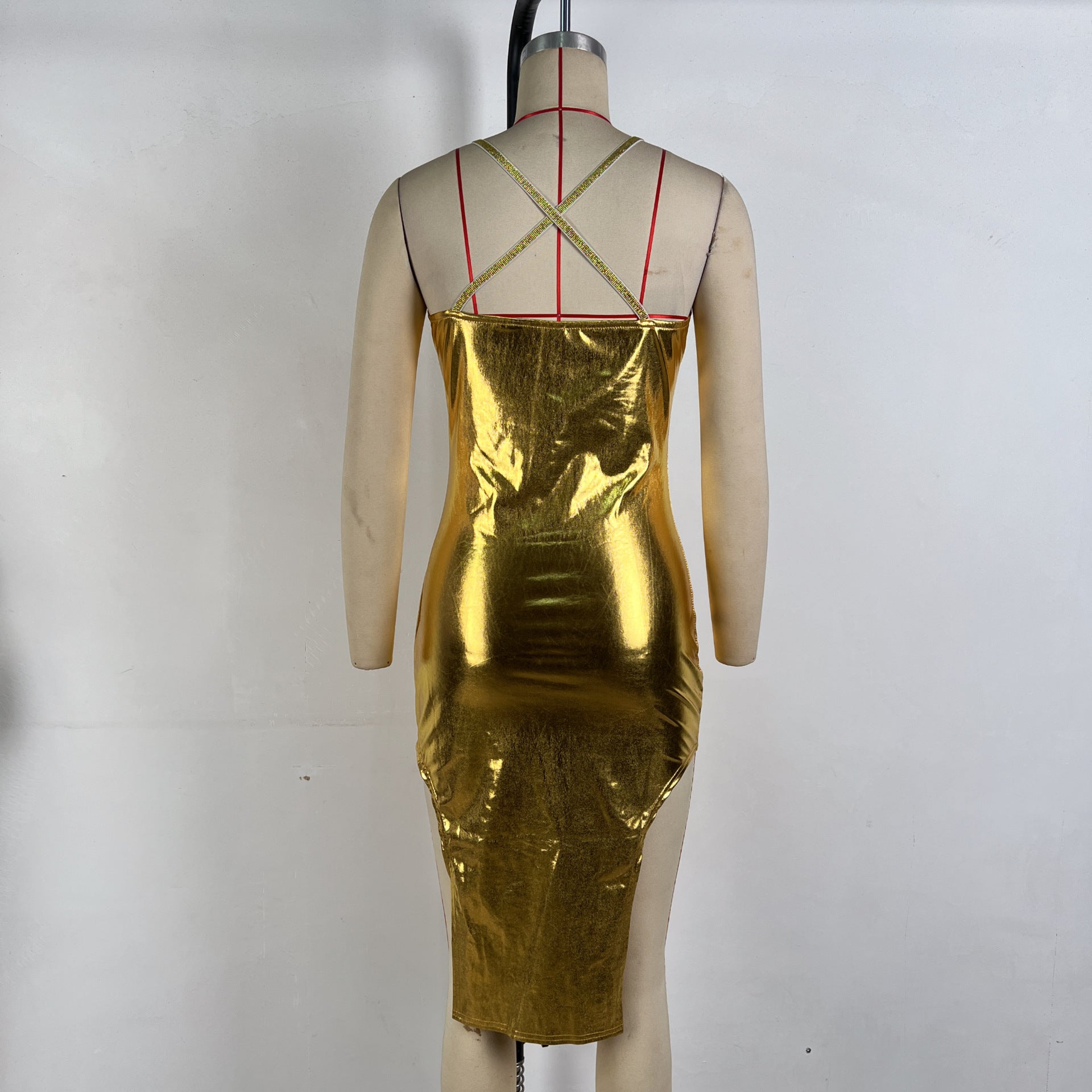 Women autumn shiny strapless sexy bodycon irregular strap Dress 7