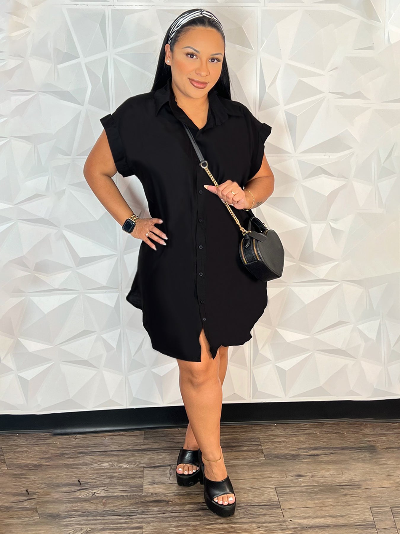 Summer Turndown Collar Solid Color Short Sleeve Single-Breasted Casual Shirt Dress