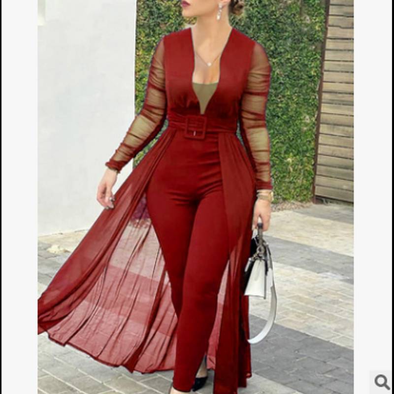 Women'S Culottes Solid Color Fashion Deep V-Neck Long-Sleeved Lace Patchwork Solid Color Slim Jumpsuit