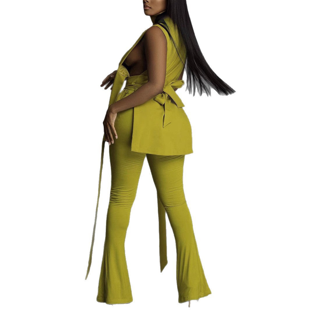 Women's Sexy Belt High Waist Bell Bottom Pants V-Neck Sleeveless Top Two Piece Set 7