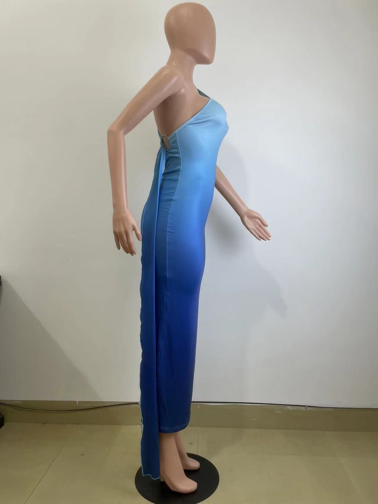 Women's Summer Sleeveless Slash Shoulder Gradient Color Sexy Slim Bodycon Long Dress 11