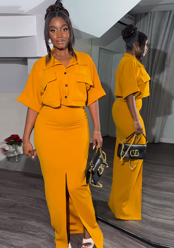 Women's Summer Turndown Collar Short Sleeve Shirt Top Slit Long Skirt Suit