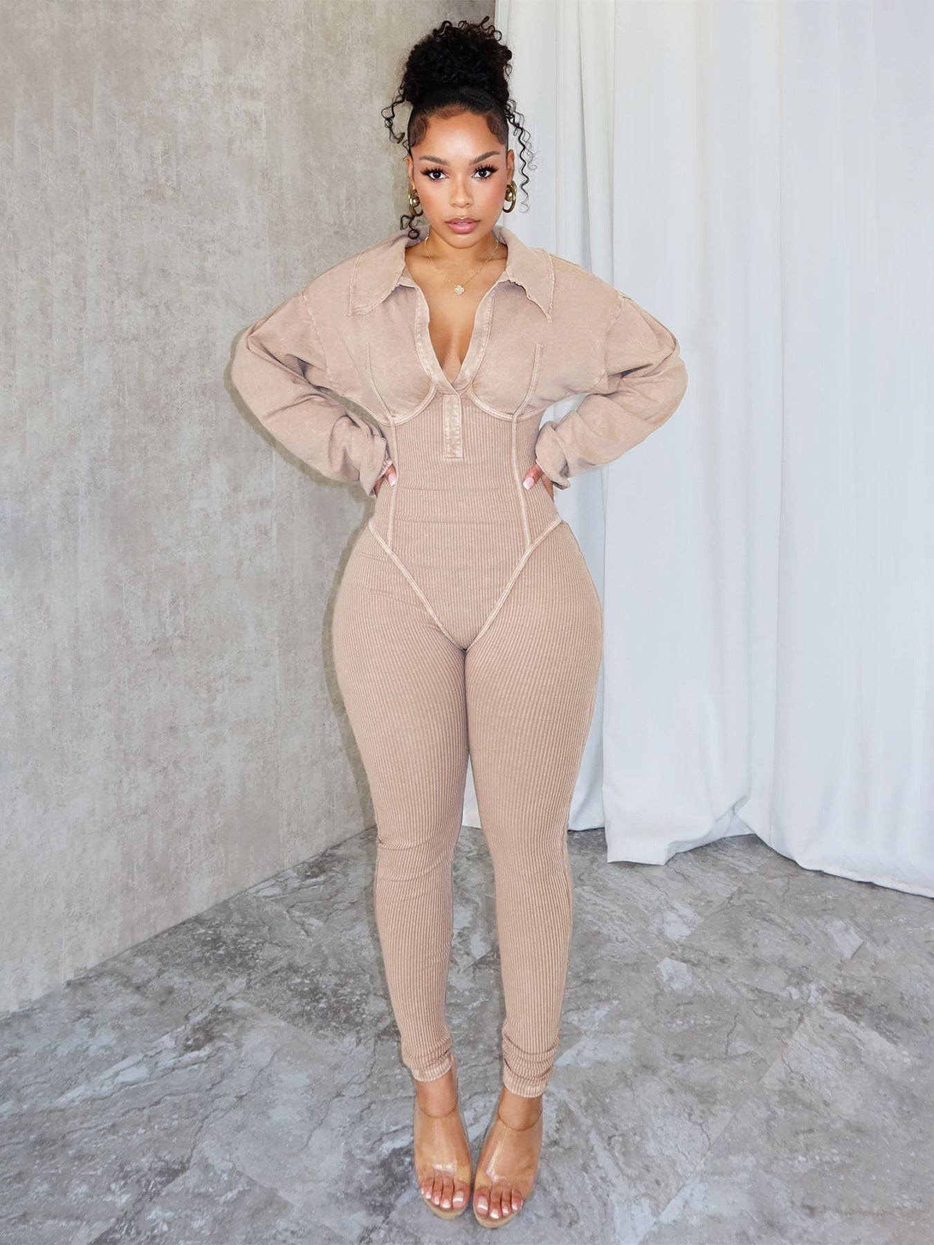 Autumn And Winter Fashion Women's Sexy Deep V Tight Fitting Long Sleeve Jumpsuit 5