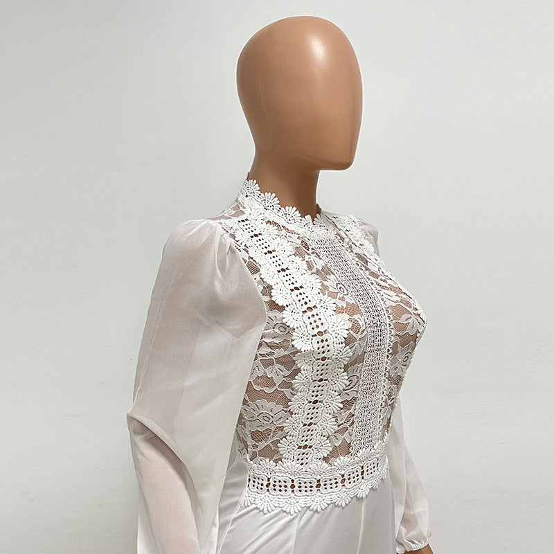 Women's High Waist High Collar Lace Long Sleeve Straight Leg Jumpsuit For Women 13