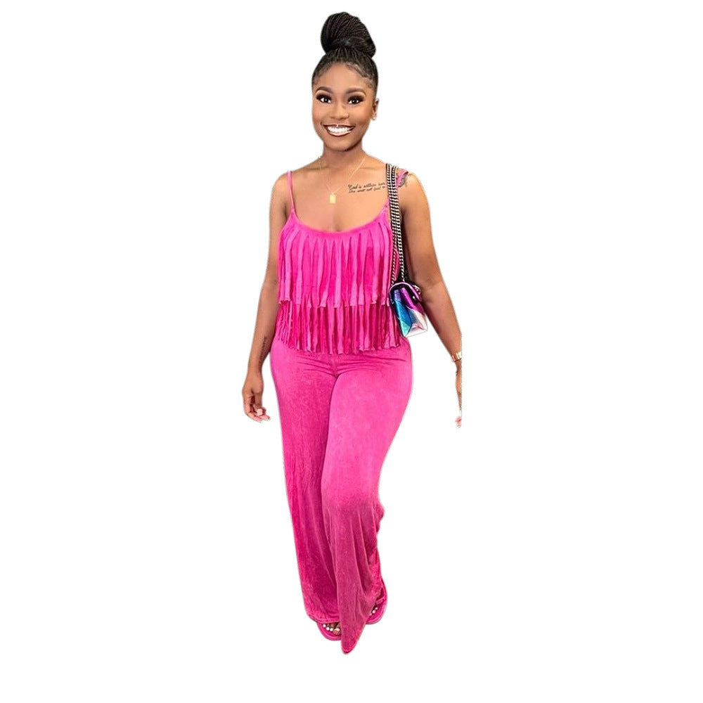 Women Summer Fashionable Strap Solid Color Tassel Slim Jumpsuit 3