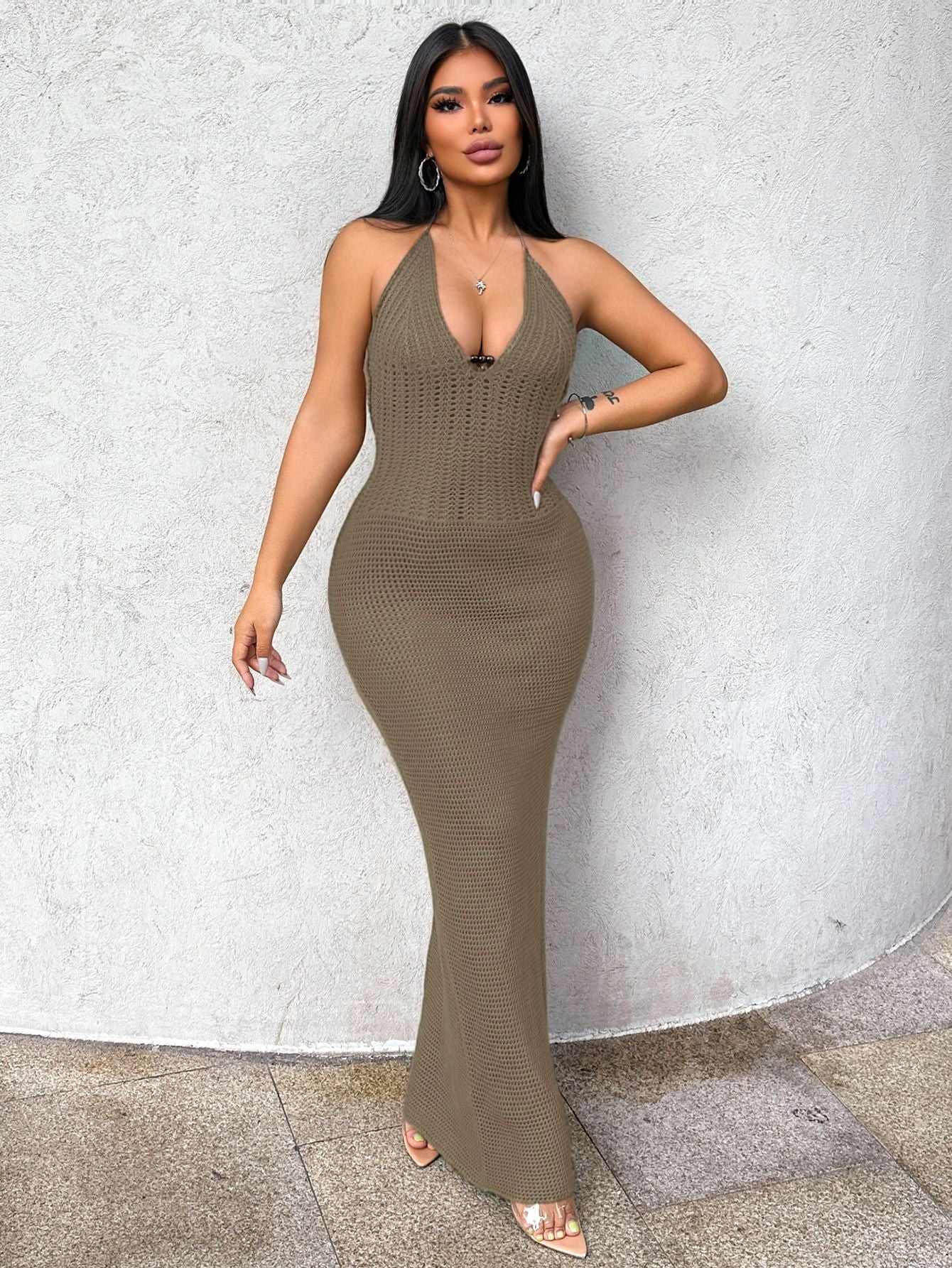 Women's Summer Sexy V-Neck Halter Neck Low Back Knitted Long Dress 6