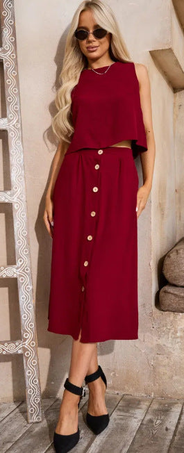 Women Casual Solid Round Neck Top and Skirt Two Piece Set 28