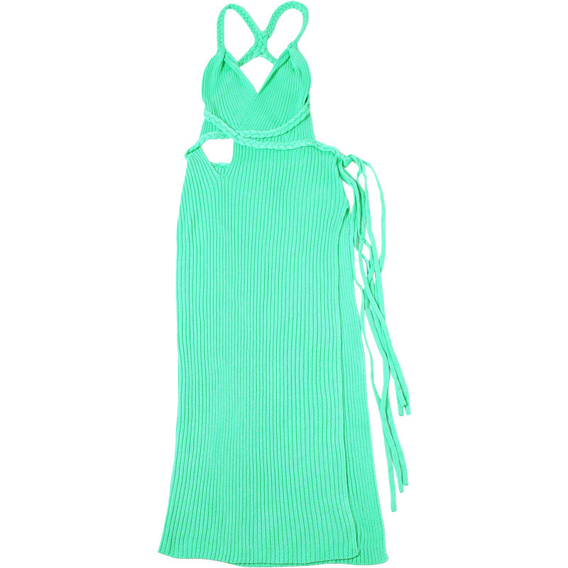 Women's Summer Sexy Solid Color V-Neck Hollow-out Knitting Fringe Side Slit Dress 10