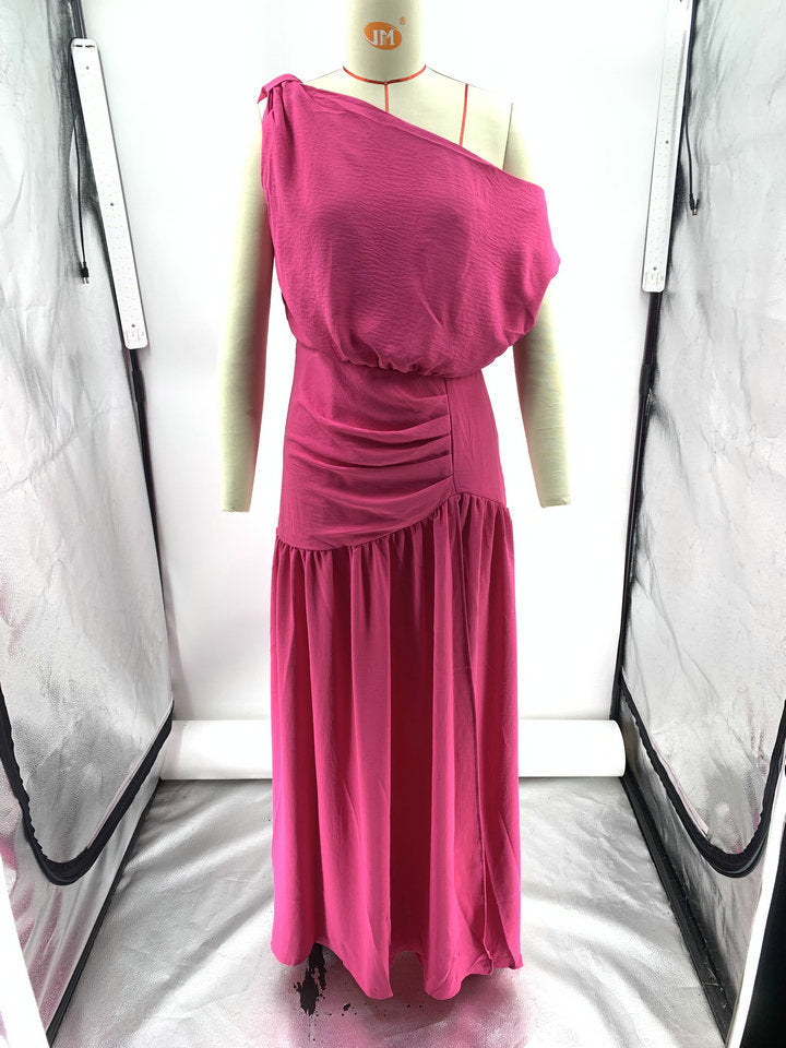 Solid Sexy Slash Shoulder Off-Shoulder Slim Waist Slit Gown Dress 23