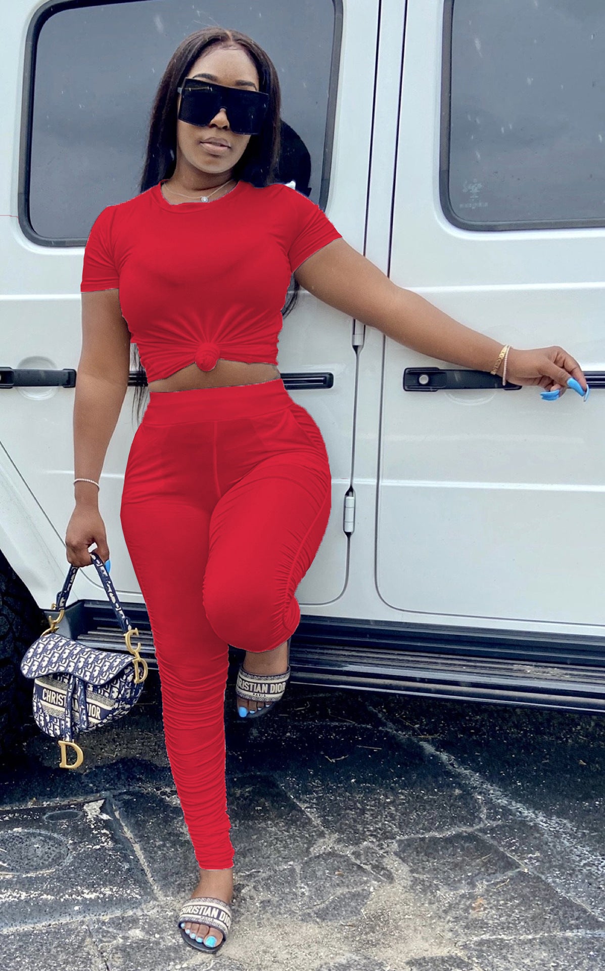 Women Wrinkled Short Sleeve T-Shirt and PantSolid Two-Piece Set 5