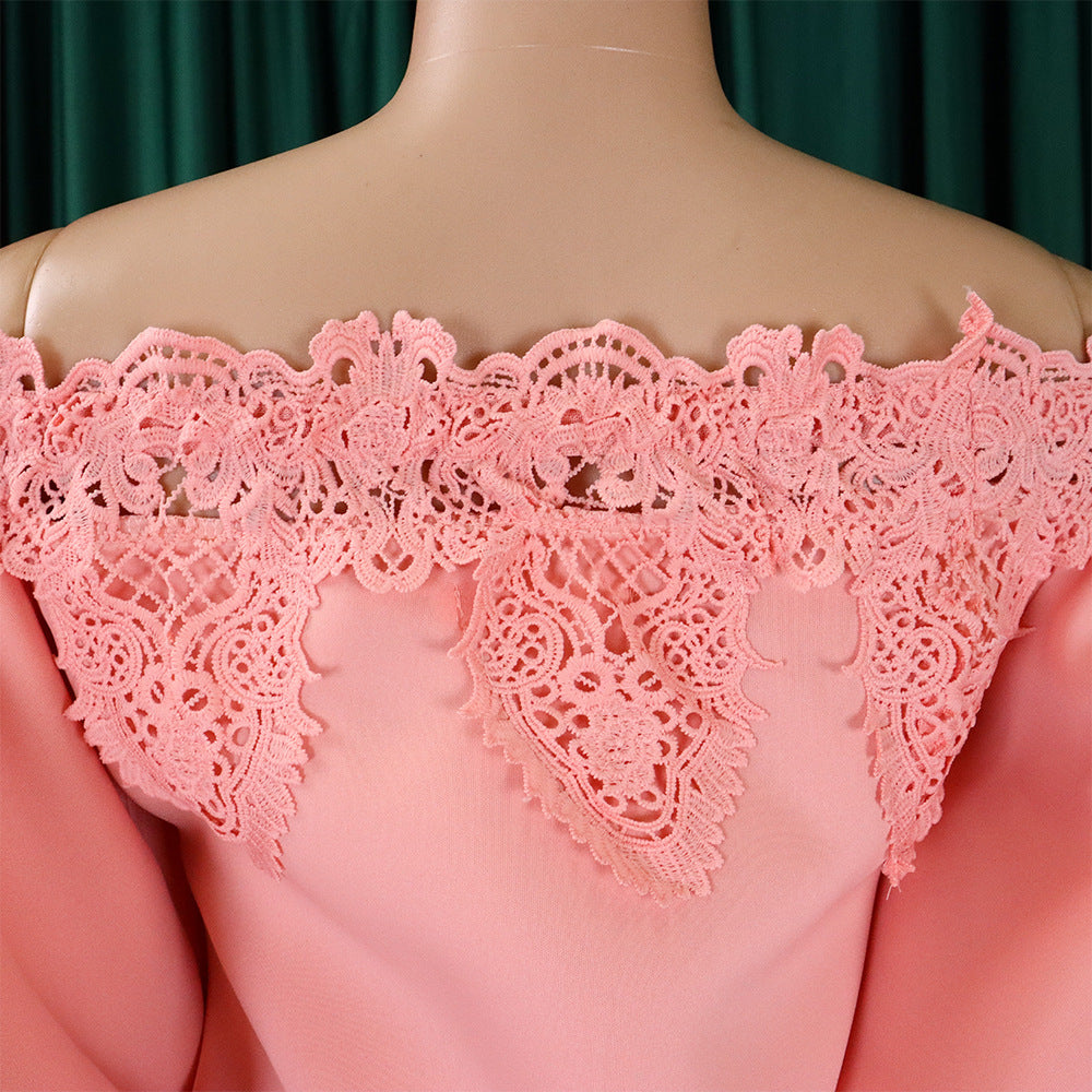 Women Off Shoulder Puff Sleeve Lace Patchwork Formal Party Mermaid Dress 25