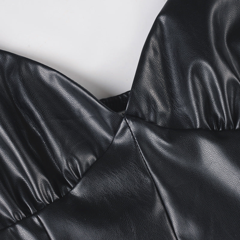 Women sexy V-neck halter slit stretchy Pu-Leather bodycon dress 13