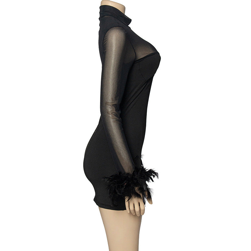 Solid Color Long-Sleeved Sexy Mesh Patchwork Feather Bodycon Short Slim Dress 8