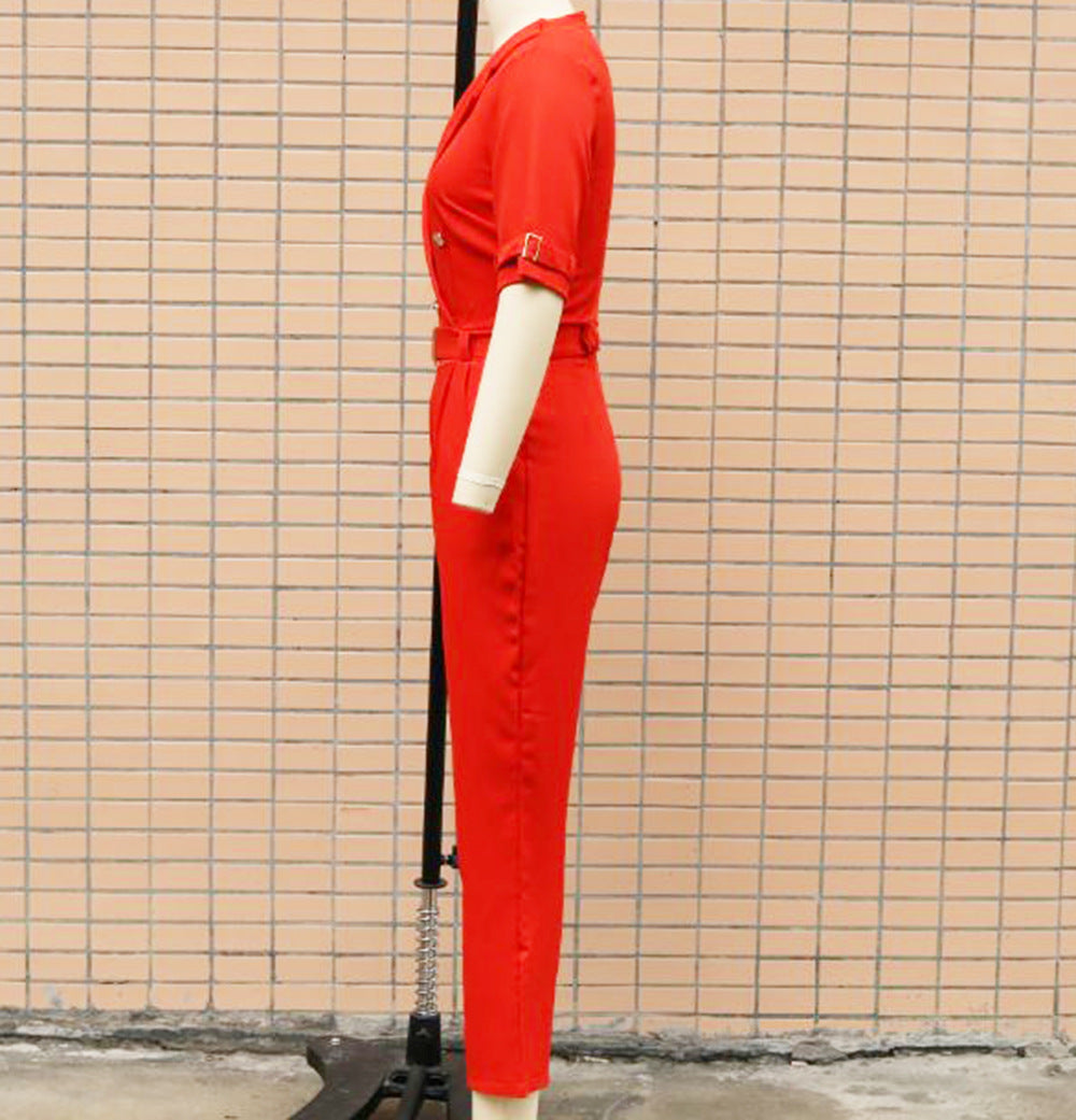Spring/Summer Fit Turndown Collar Short Sleeve Professional Ol Jumpsuit 23