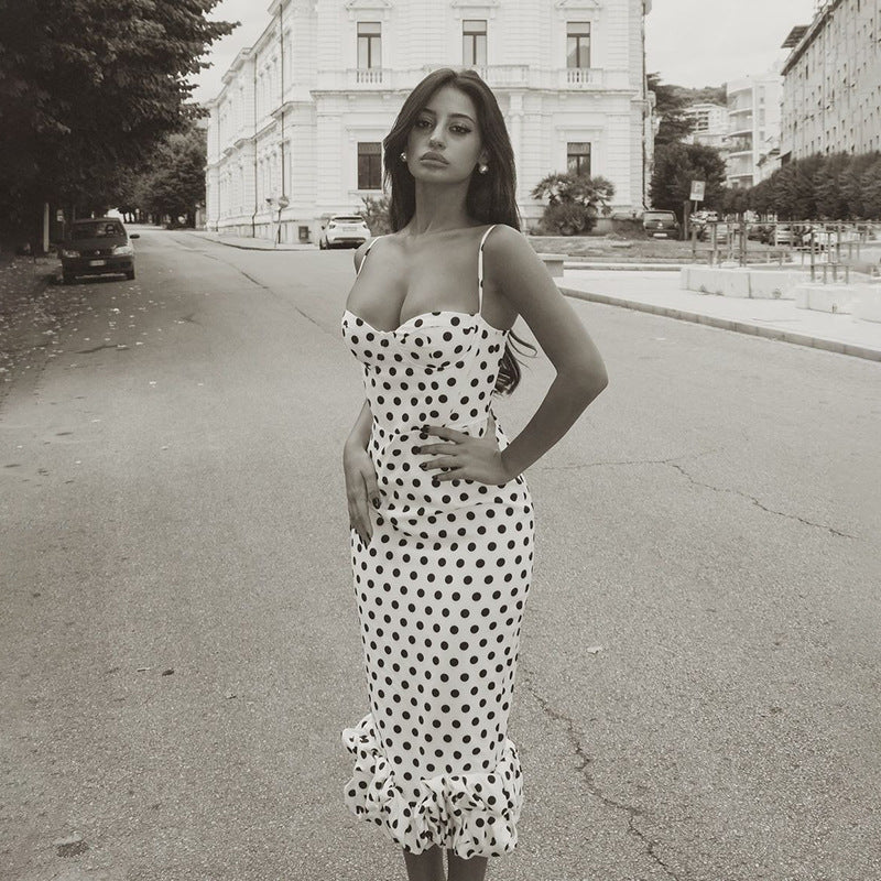 slim waist polka dot pleated Strap long dress 14