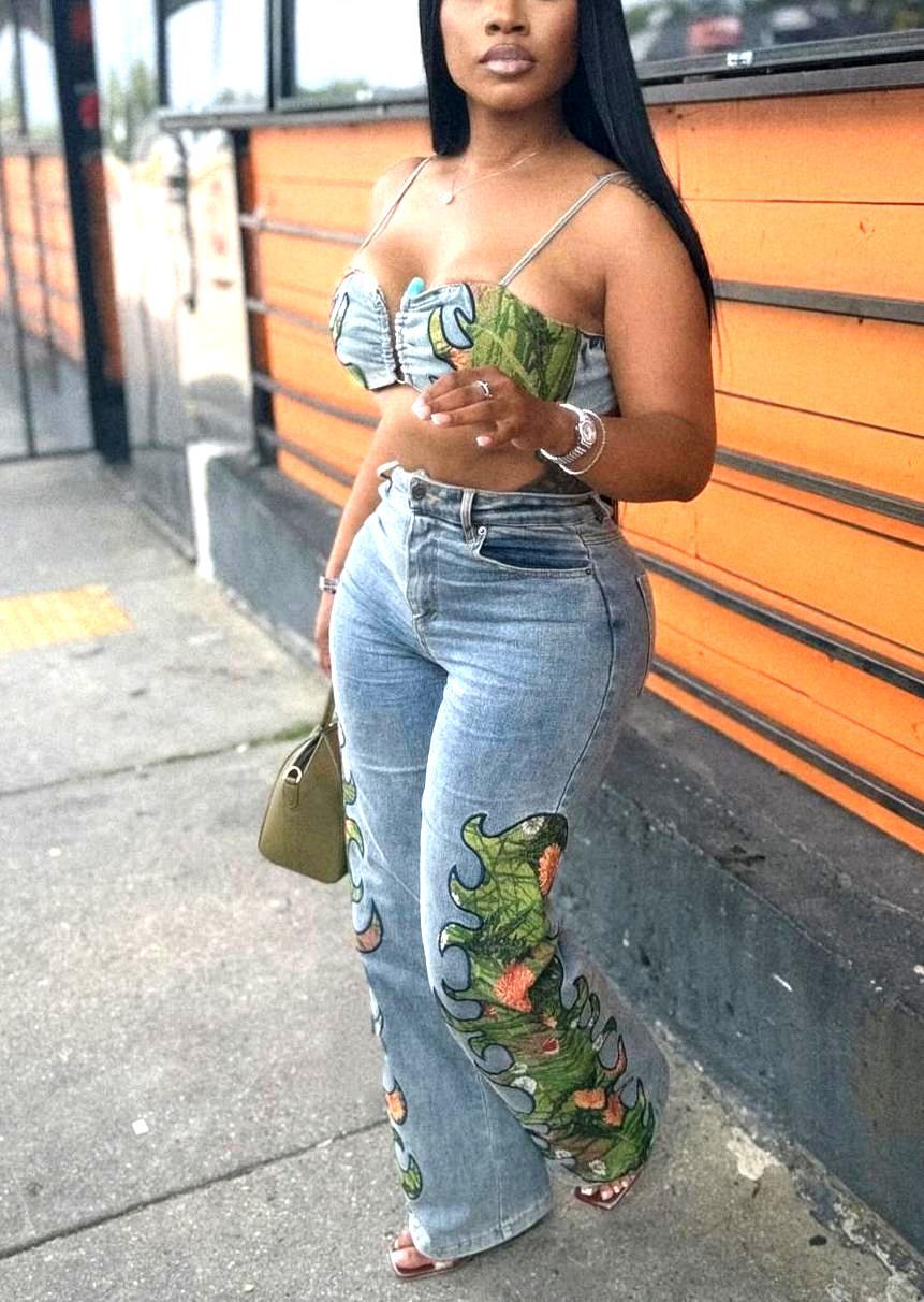 Women Sexy Floral Stretch Wrap Top and Denim Pants Two-Piece Set 9