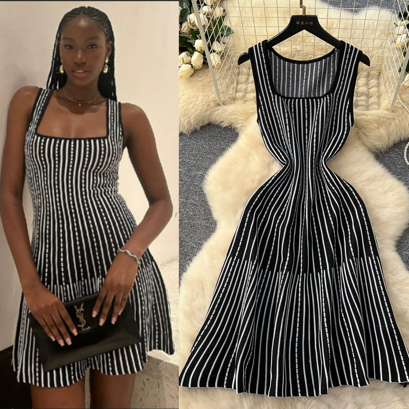 Women's Summer Square Neck Sleeveless Striped Slim Knitting Dress 3
