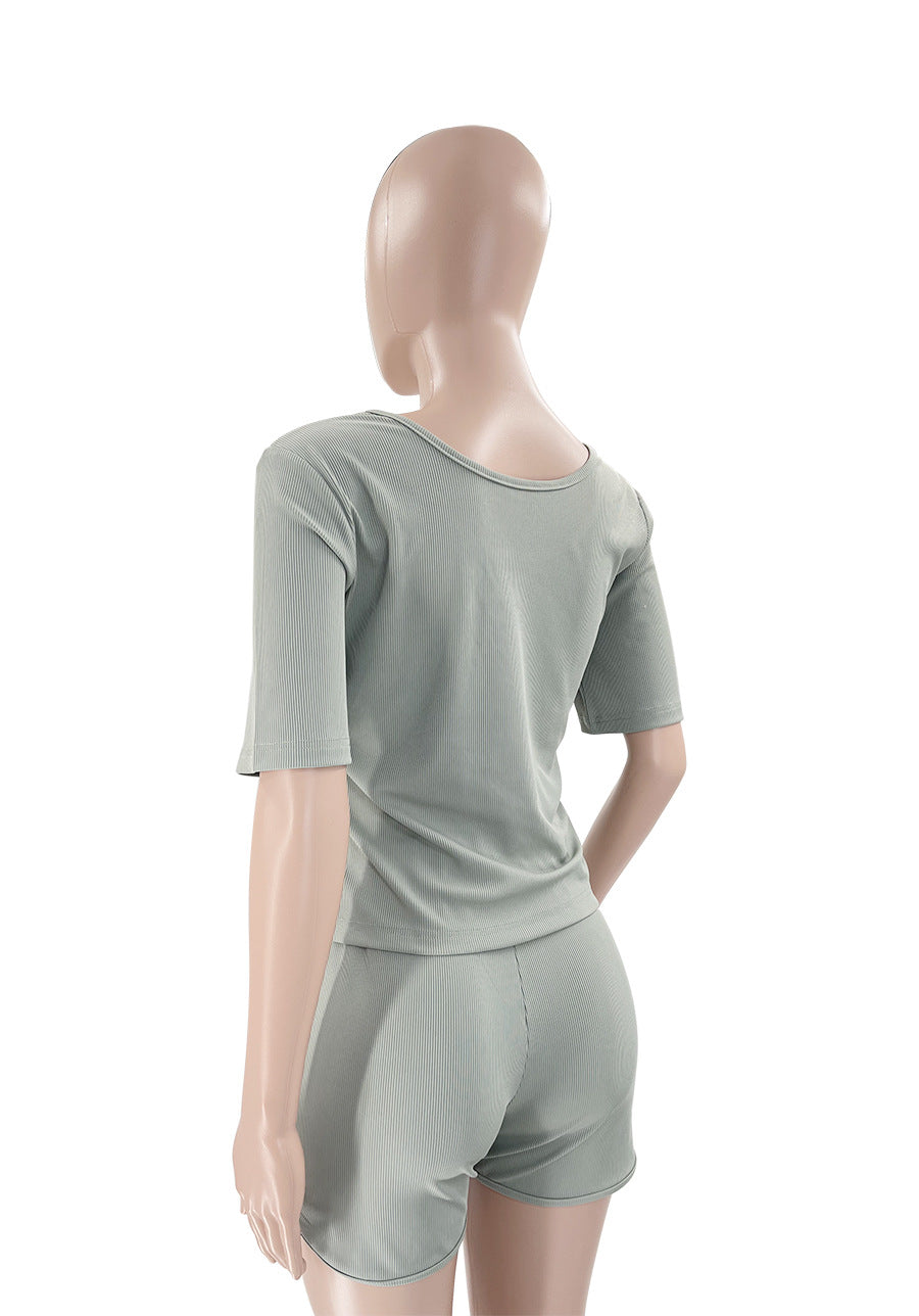 Summer Fashion Casual Sports Solid Color U-Neck Short Sleeve Two Piece Shorts Set Women's Clothing 16