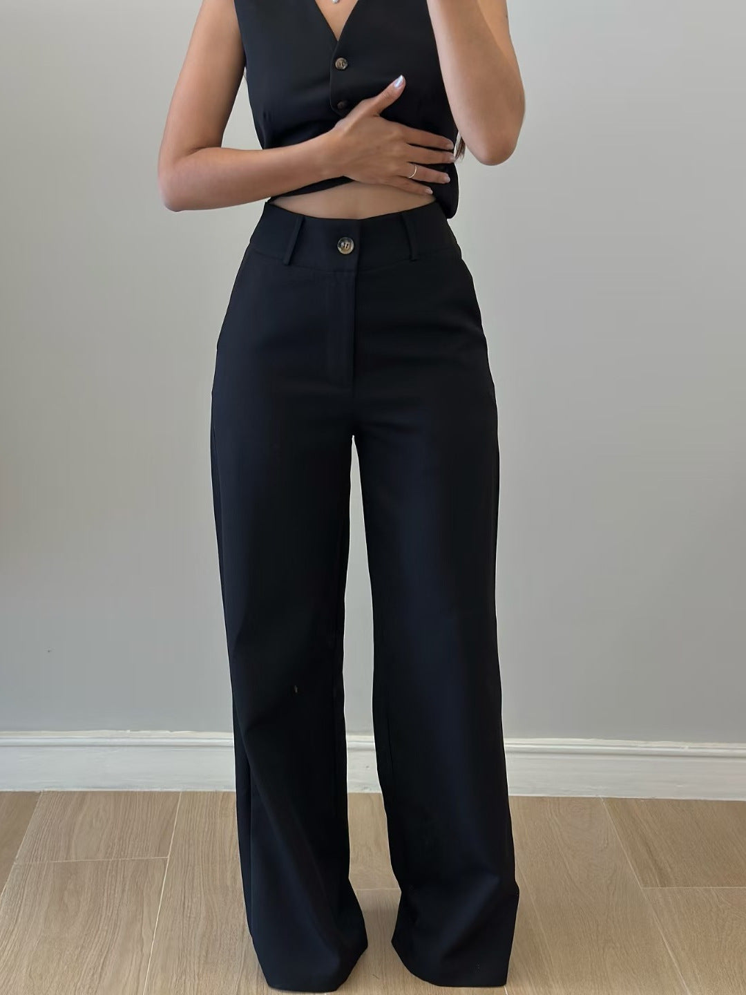 Women's Chic OL V-Neck Black Sleeveless Button Vest High-Waist Wide-Leg Pants Suit 3